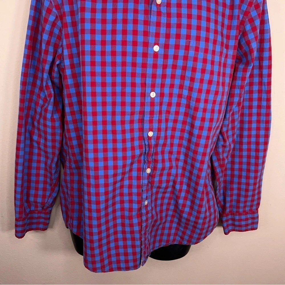 Large J Crew Mens Plaid Shirt Blue Red Cotton Button Front Long Sleeve Preppy